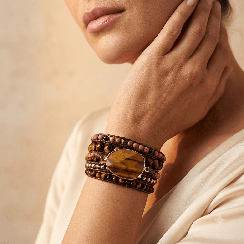 Natural Tiger Eye Rhodonite Leather Wrap Bracelet