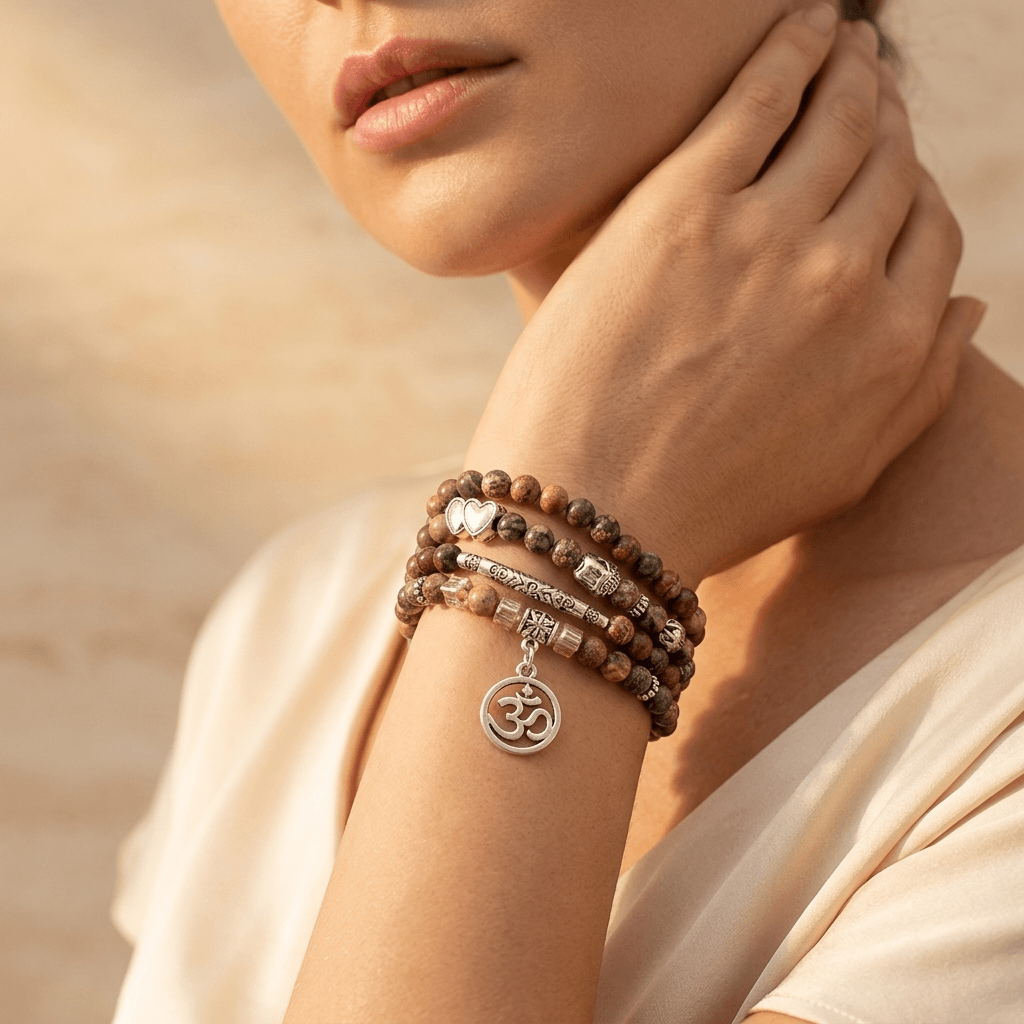 Natural Mookaite Om Charm Beaded Bracelet