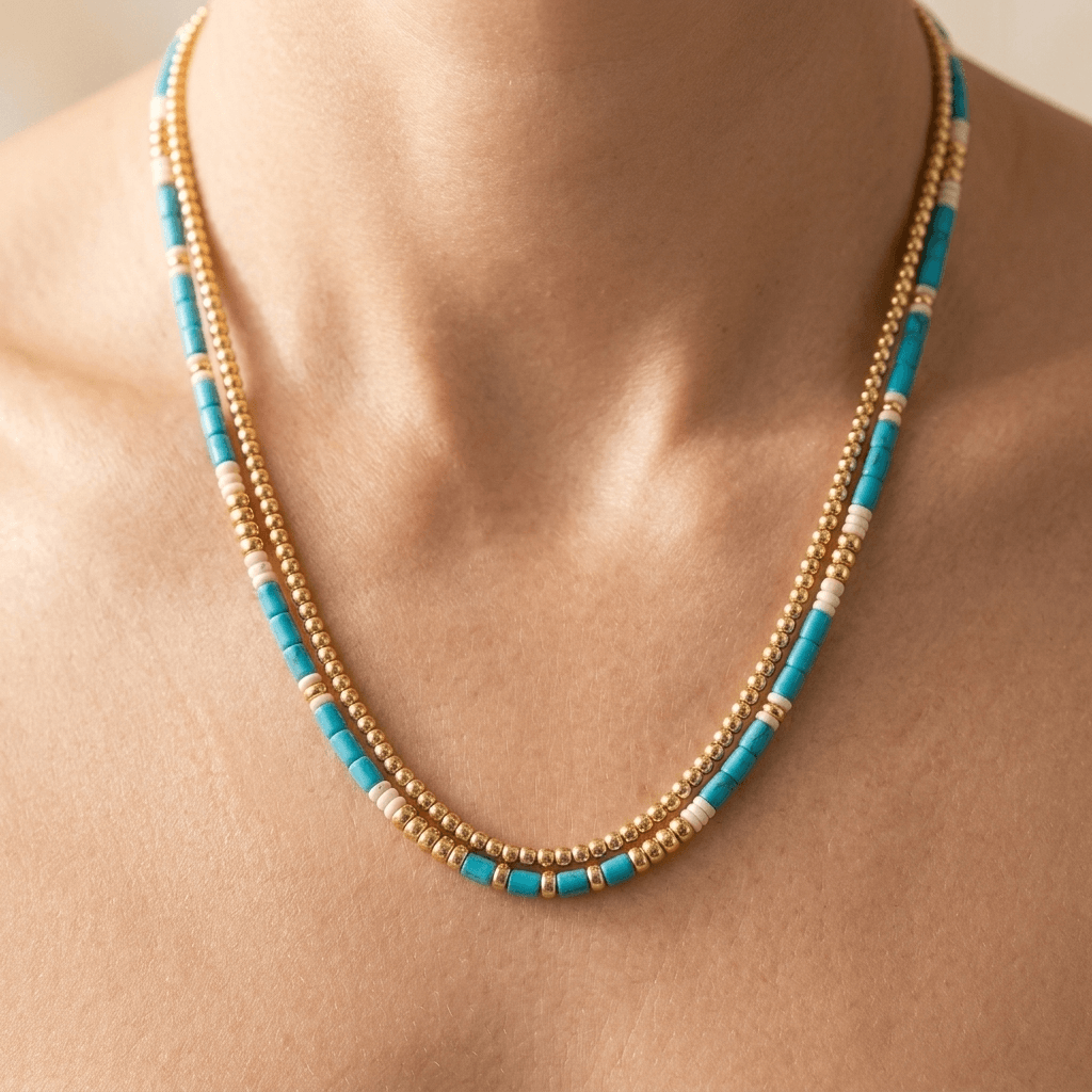 Turquoise Gold Bead Layered Necklace