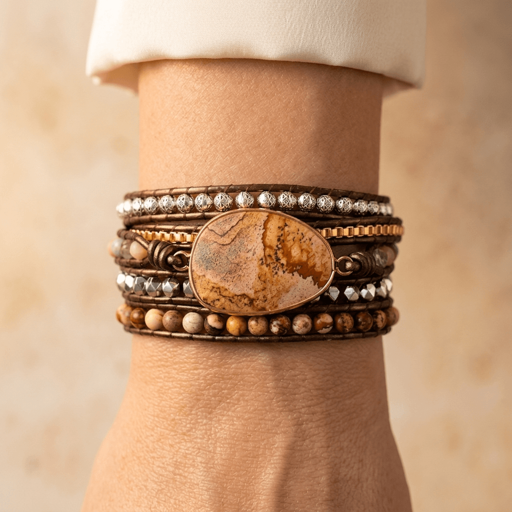 Handmade Leather Jasper Stone Wrap Bracelet