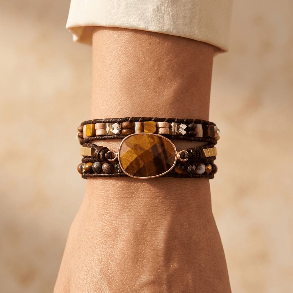 Tiger Eye Natural Stone Gold Wrap Bracelet