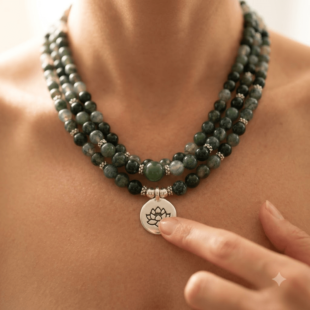 Green Moss Agate Stone Lotus Pendant Necklace