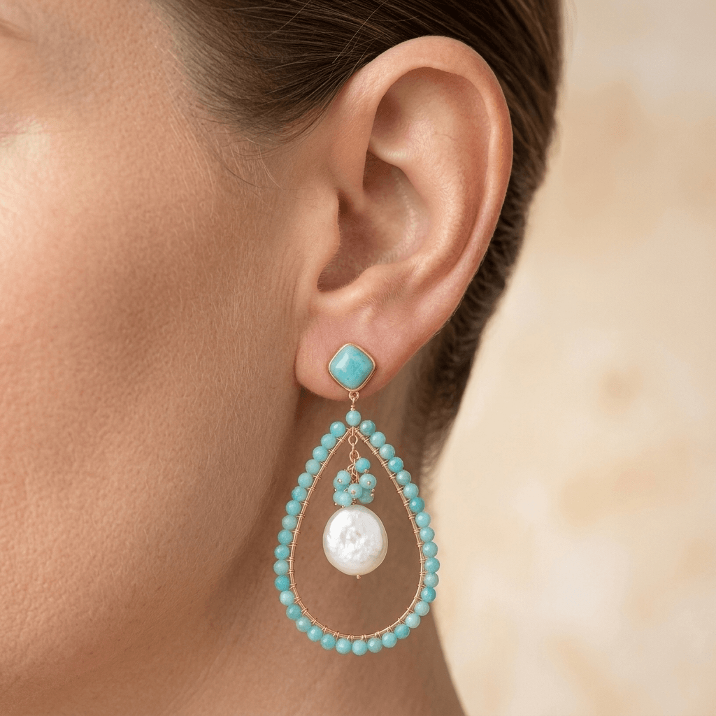 Turquoise Amazonite Gold Teardrop Pearl Earrings