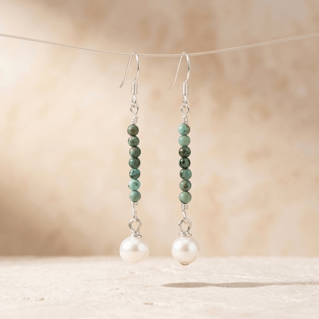 African Turquoise Pearl Silver Drop Earrings