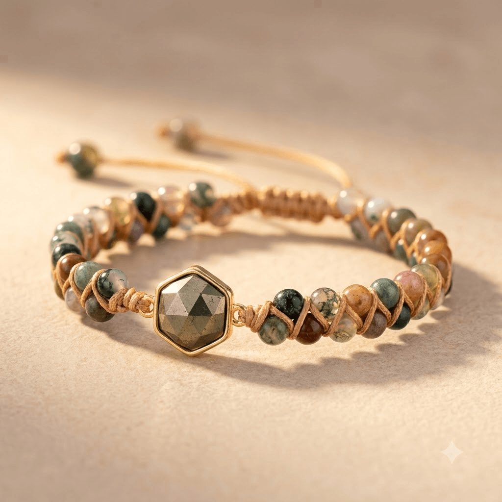 Natural Agate Pyrite Gold Hexagon Beaded Bracelet
