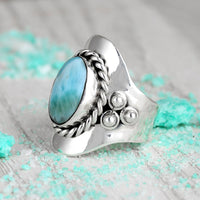 Zilveren boho-ring met ovale larimar