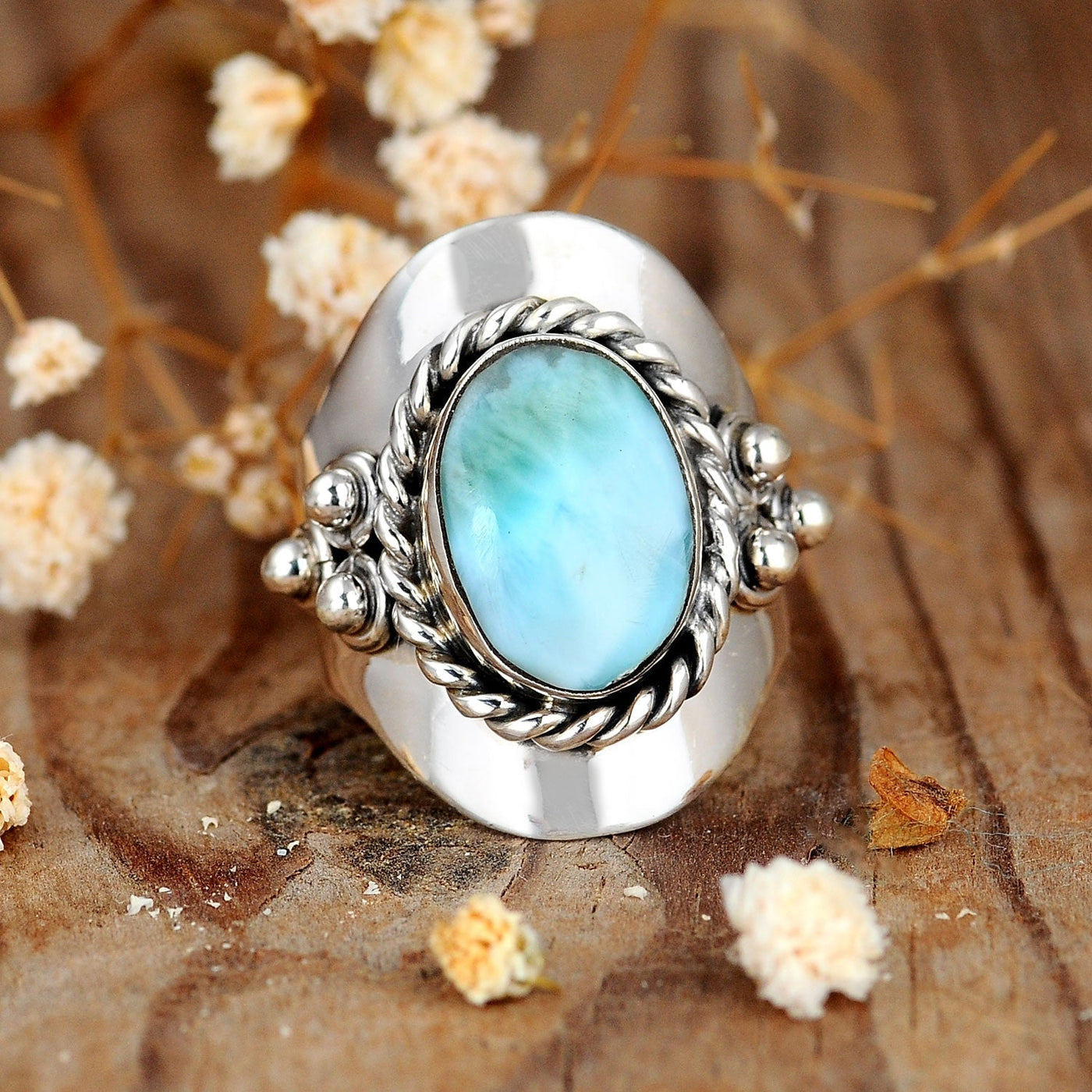 Zilveren boho-ring met ovale larimar